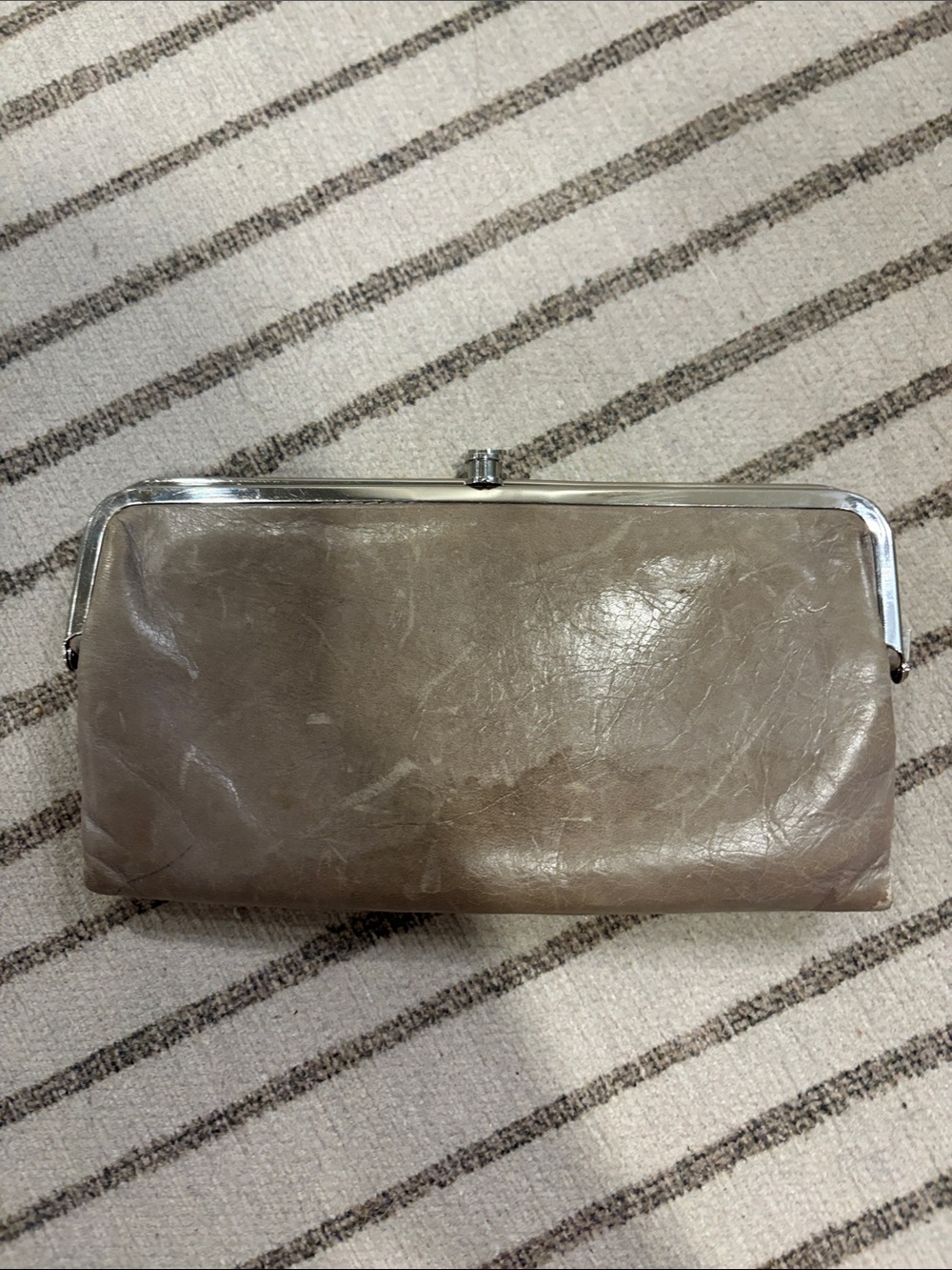 HOBO Taupe Leather Frame Clutch with Silver-Tone Hardware